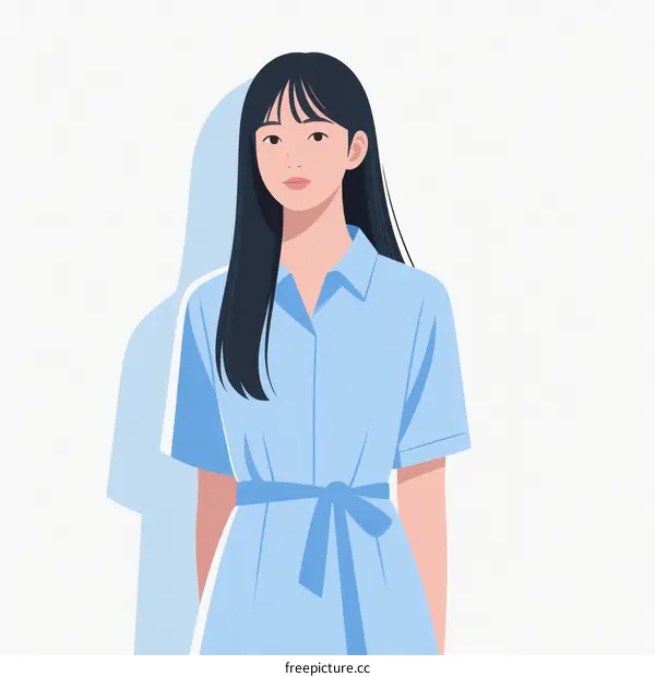 A Young Woman Wearing Blue Shirt Dress Standing Against White Background