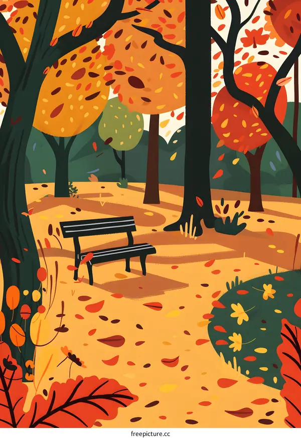 Autumn Park with Bench and Falling Leaves