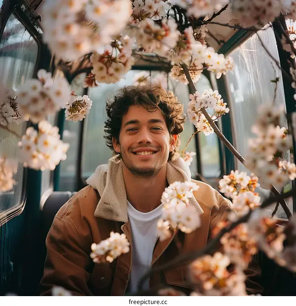 Young man smiling with white and pink cherry blossoms