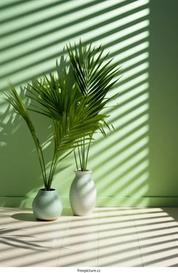 Two potted parlor palms in front of a green wall with striped shadows