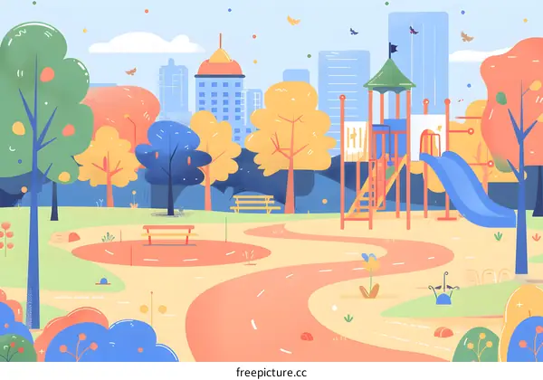 Colorful Illustration of a Park with a Playground in the City