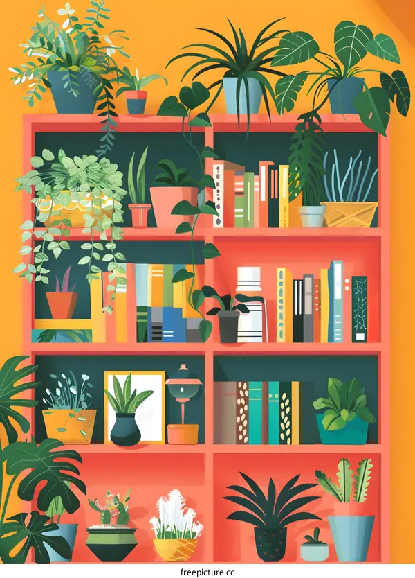 Colorful Illustration of Bookshelf with Plants