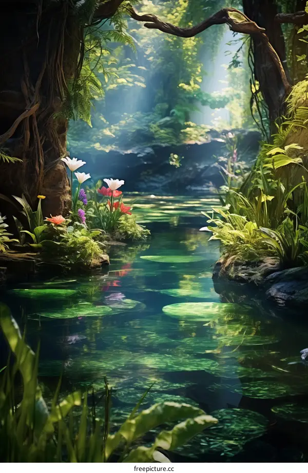 Mystical Forest Stream with Glowing Flowers and Plants
