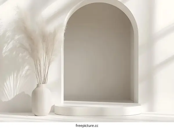Minimalist White Archway with Dried Grass and Platform