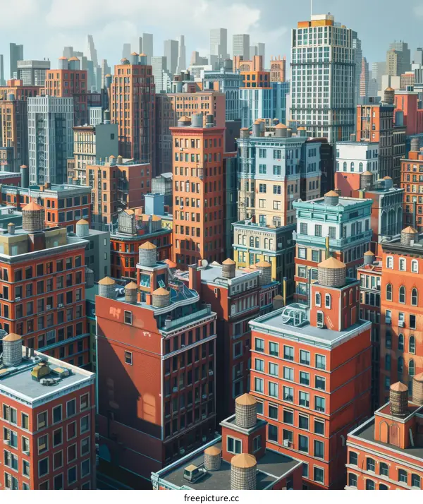A cityscape of towering skyscrapers with a profusion of water towers on the rooftops