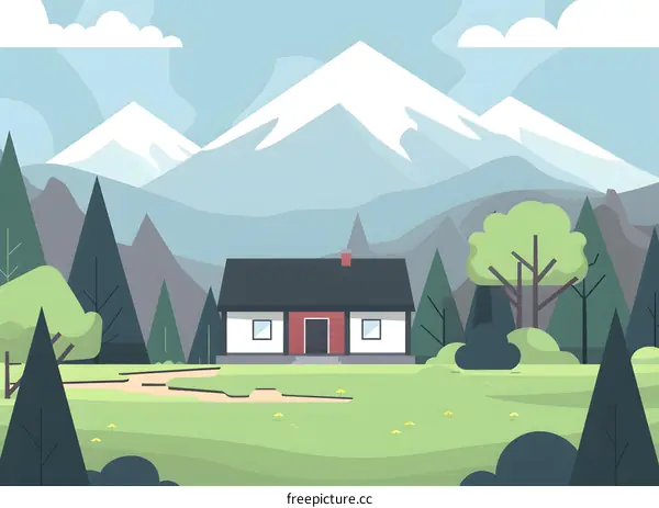 Flat Illustration of a House in the Mountains