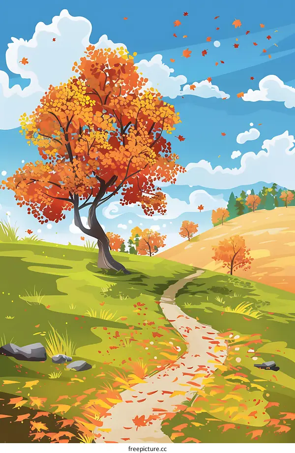 Autumn Path Illustration with Falling Leaves