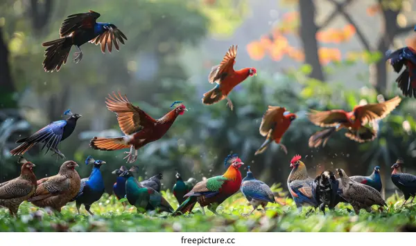 A group of colorful pheasants in a forest