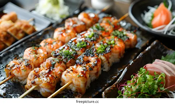 A plate of grilled shrimp with scallions.