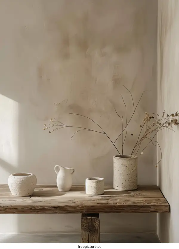 A Still Life of Three Vases on a Wooden Table