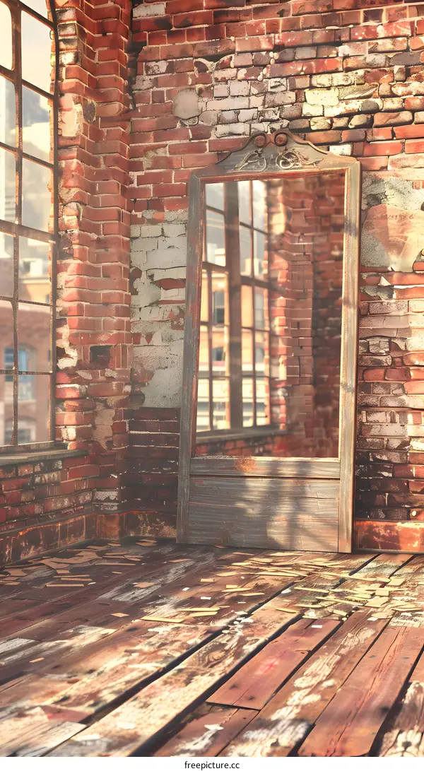 Vintage Mirror in Abandoned Building with Brick Walls