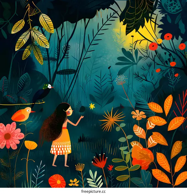 Girl in Forest with Birds and Flowers