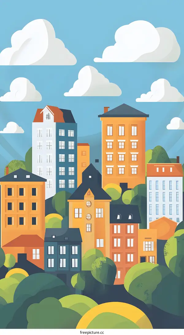 Colorful Illustration of a Cityscape with Buildings and Trees