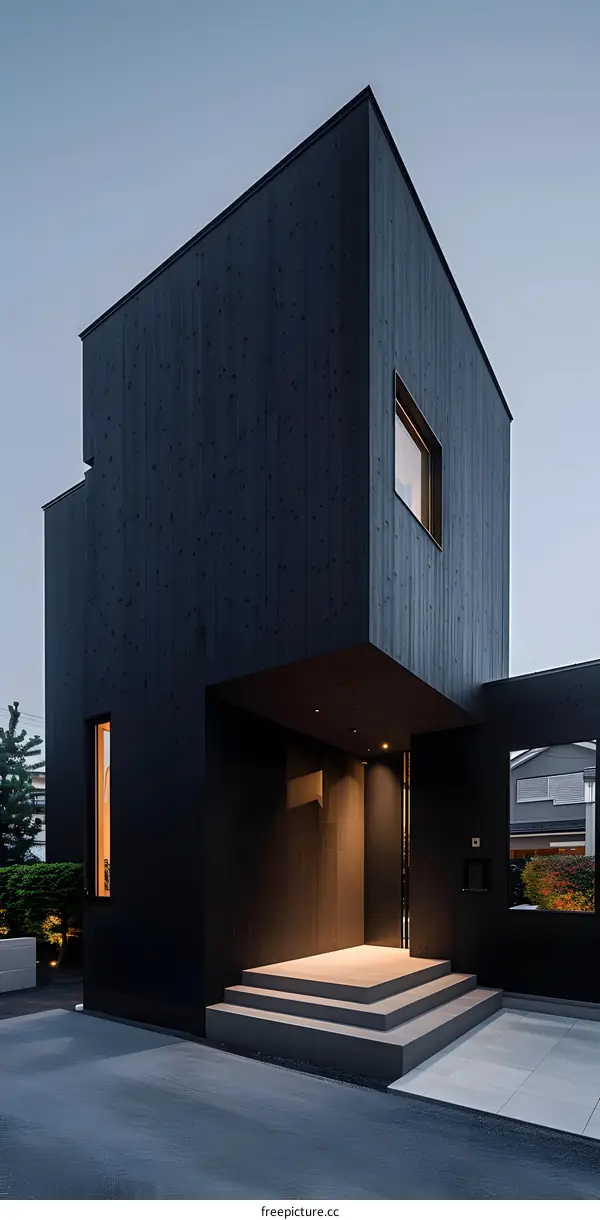 Modern Black Wooden House Exterior Design With A Concrete Patio And Stairs