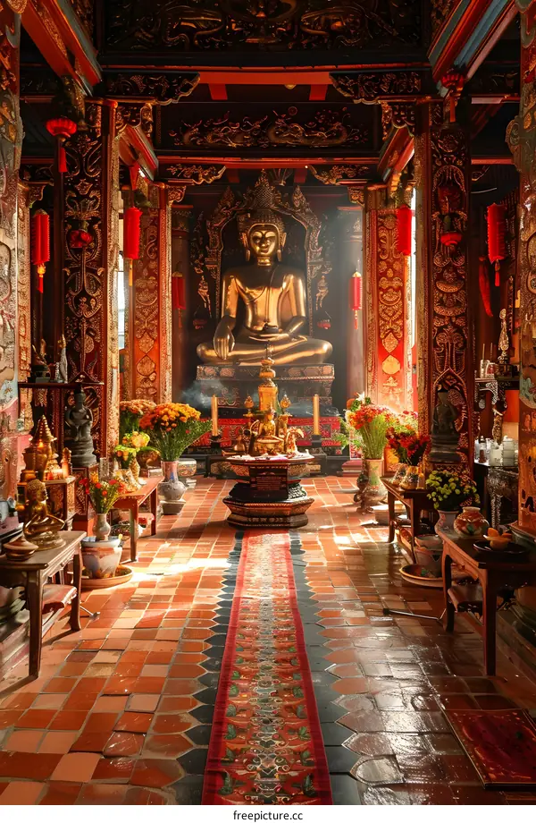 A golden buddha statue sits in a buddhist temple with red decorations