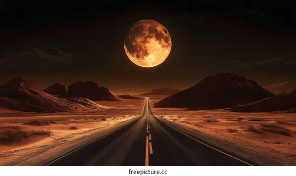 Desert Road Under a Large Orange Moon