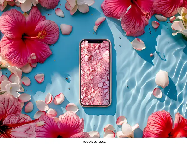Pink Flower Petals and a Phone on Blue Water Background