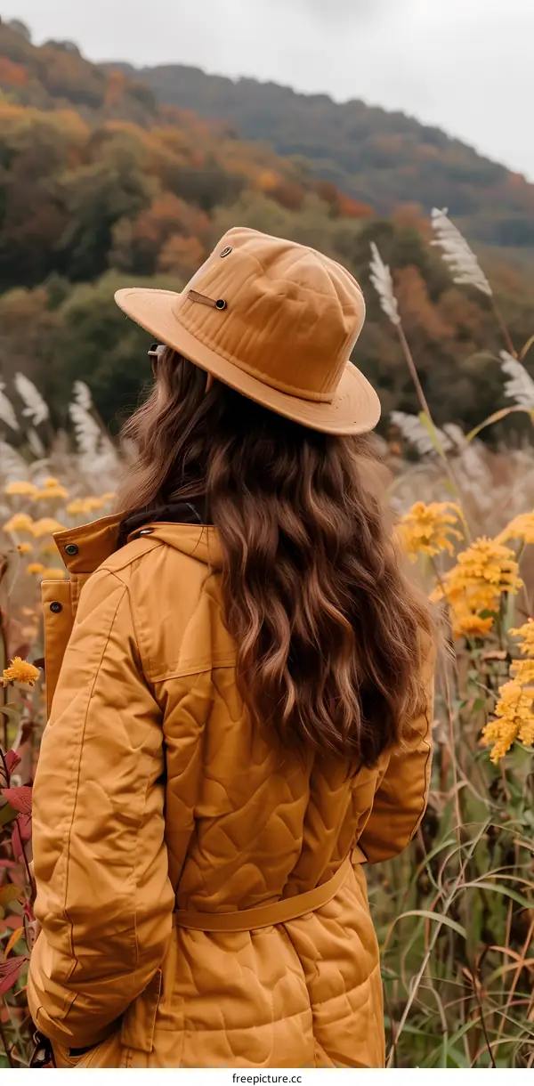 Woman in Yellow Jacket and Hat Standing in Field of Fall Colors