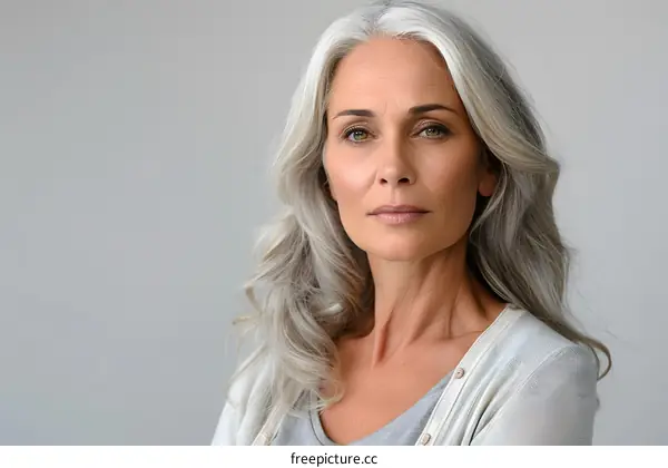 portrait of a beautiful middle aged woman with gray hair