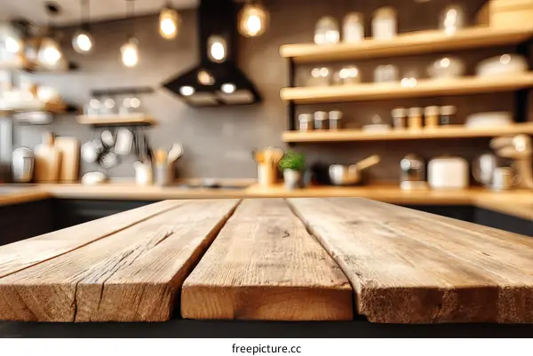 Rustic Kitchen Table Top with Blurry Background