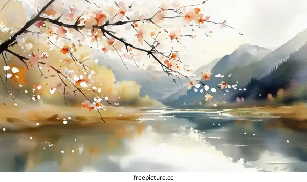 Watercolor Painting of a Spring Mountain River