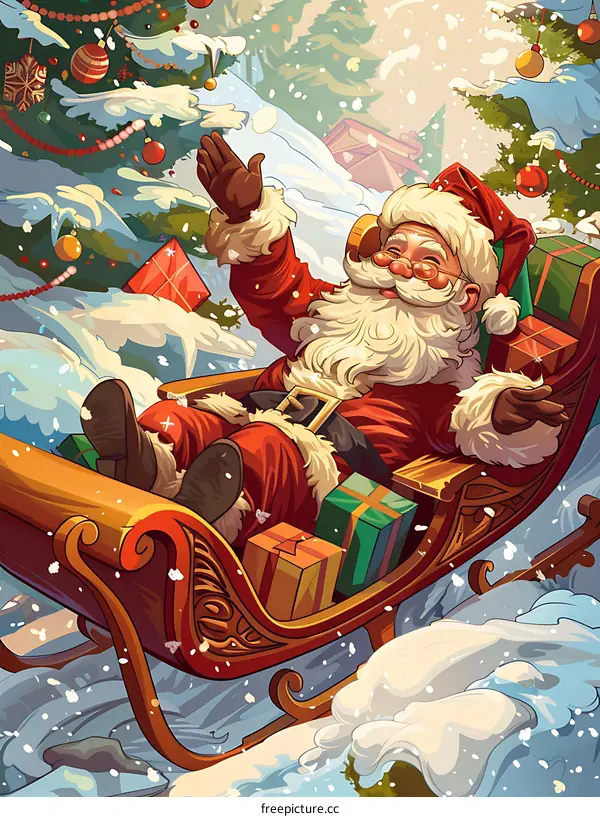 Santa Claus In A Sled Flying Through The Air With Gifts