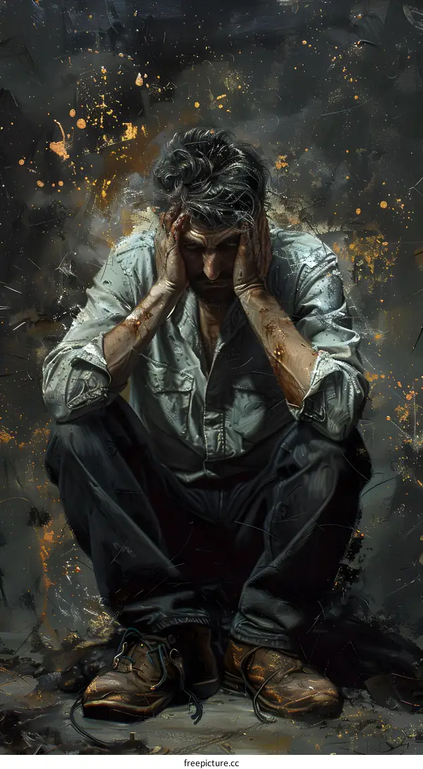 Man Sitting in Despair With Hands on Head
