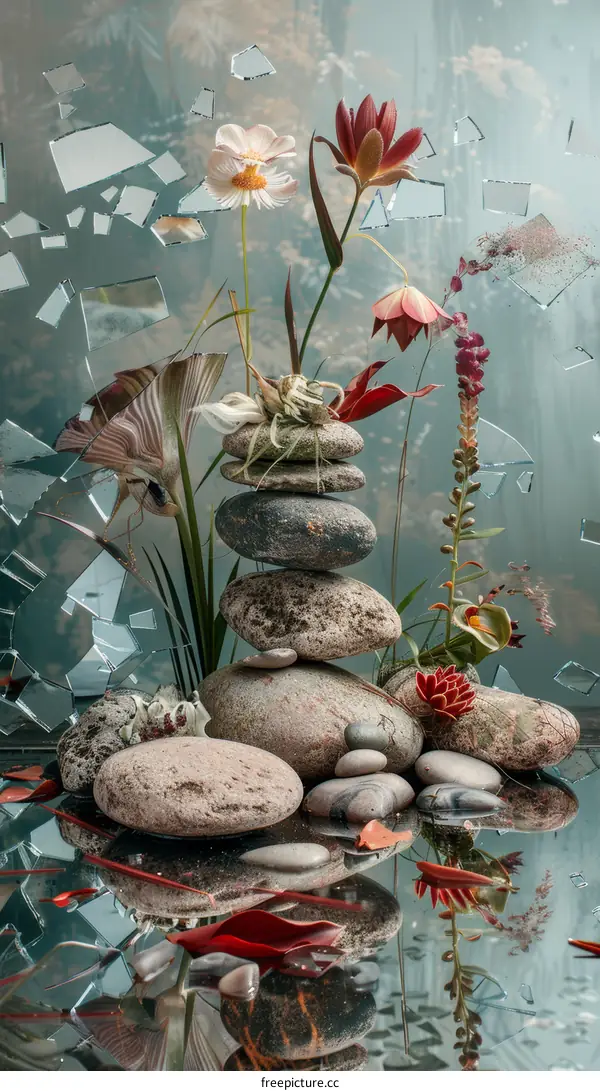 Still life with stones, glass shards and flowers