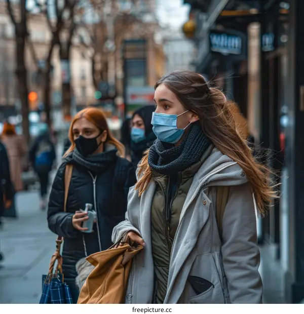 Crowded city street with people wearing surgical masks during COVID-19 pandemic