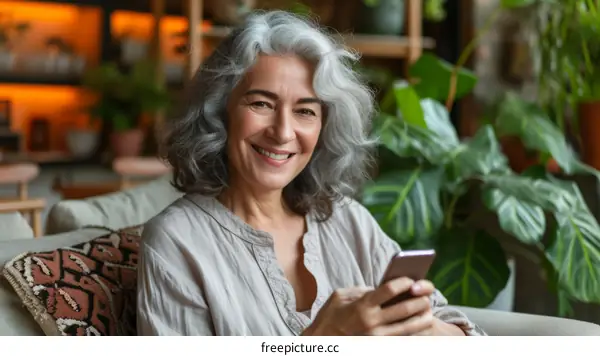 Smiling senior woman holding a smartphone