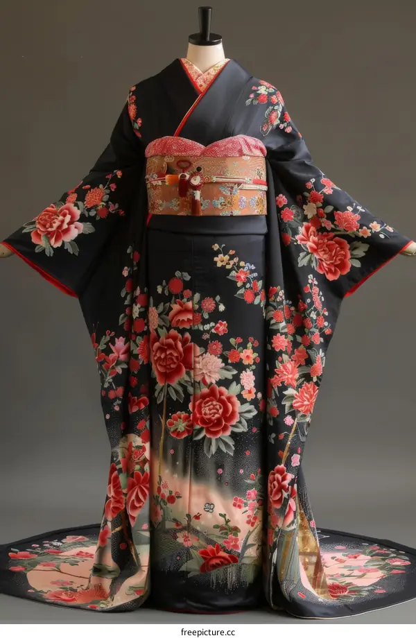 A kimono with a pattern of red and white flowers.
