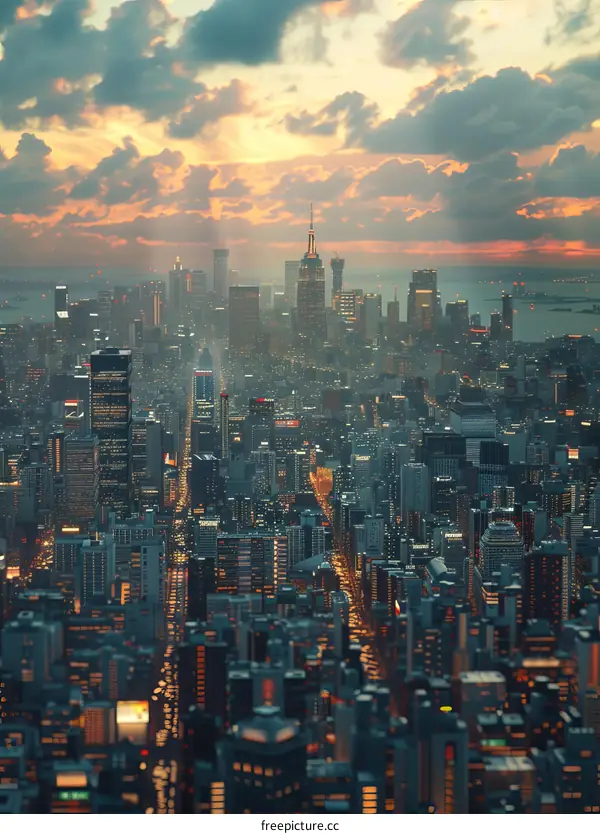 Aerial View of a Modern Metropolis at Sunset