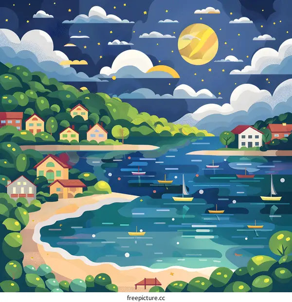 Nighttime Landscape Illustration with Moon, Stars and Boats