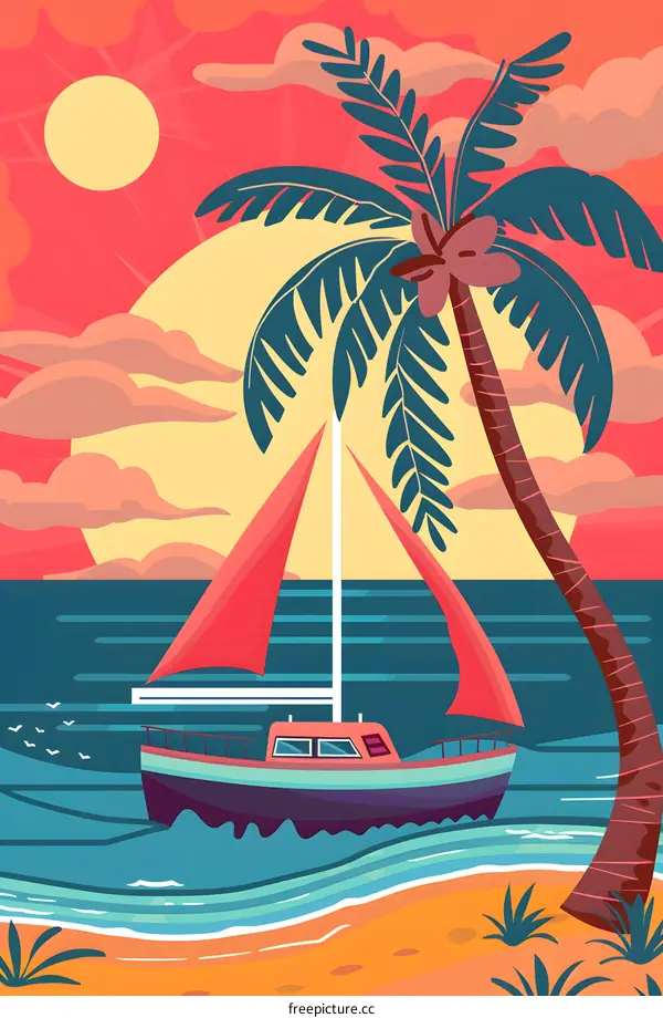 Summer Sunset Illustration With Palm Tree And Boat On Beach