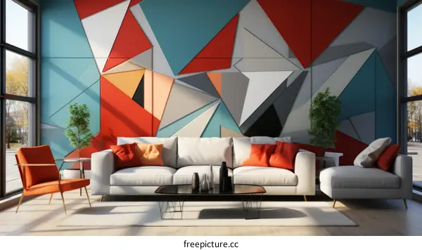 A modern living room with a geometric accent wall