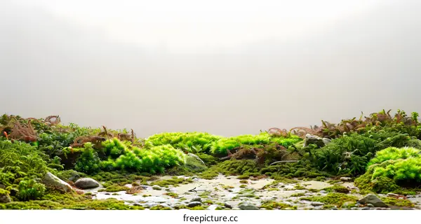 Green Moss with Rocks and Light Background