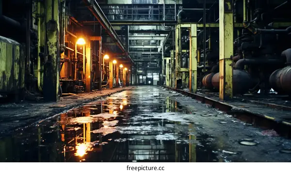 The eerie abandoned factory building with water on the floor