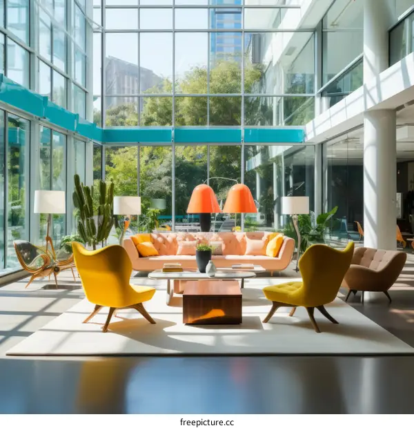 Retro home interior design with large windows