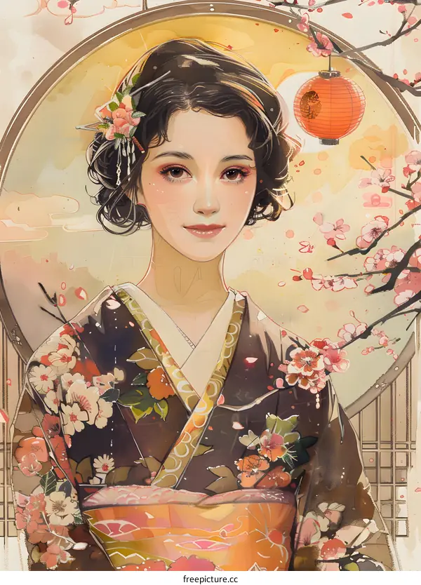 Woman in a Traditional Japanese Kimono with Cherry Blossoms and Lantern
