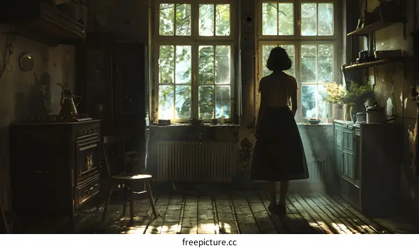 woman standing in front of a window in an abandoned house