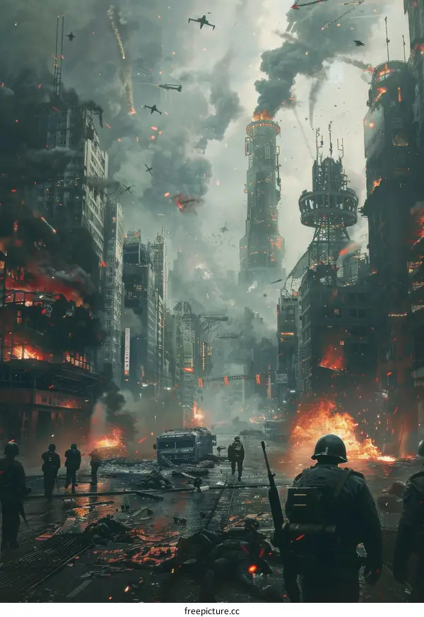 The soldiers are walking through a war-torn city.