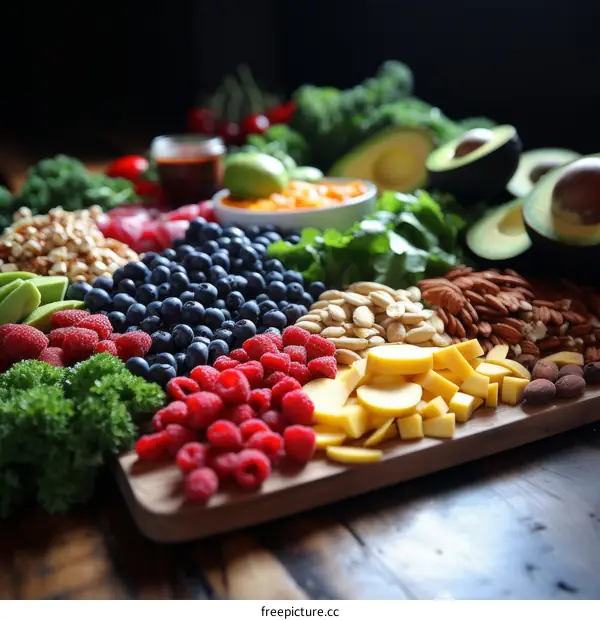 A wooden table full of healthy food including fruits, vegetables, and nuts