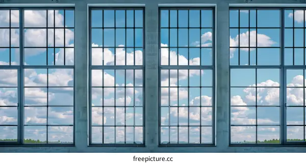 Four Factory Windows and Blue Sky
