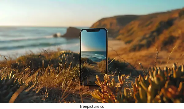 Sunset View Through a Smartphone Screen on a Beach