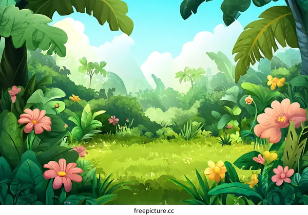 Jungle Background Illustration with Green Trees and Pink Flowers