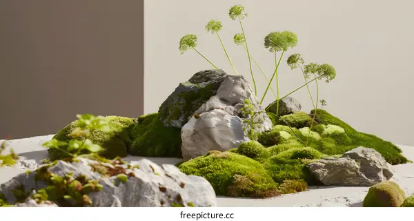 Green Moss And Rocks In A Minimalist Garden Setting
