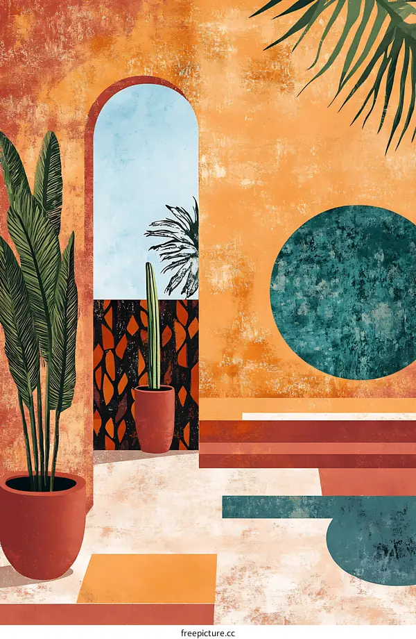 Abstract Illustration of a Tropical Courtyard with Plants and Geometric Shapes