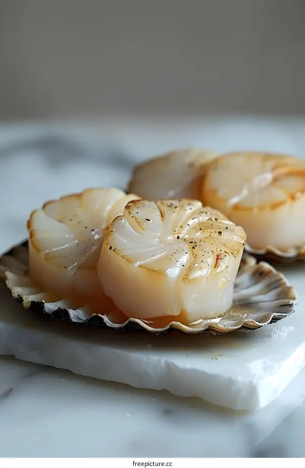 Seared scallops on a marble surface
