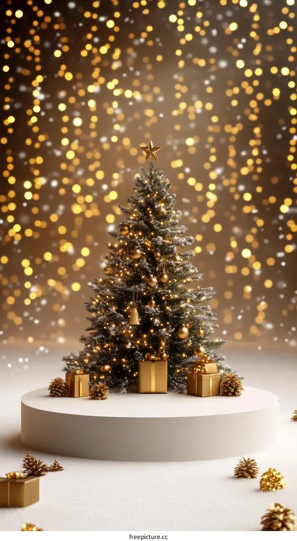 Golden Christmas Tree with Gifts on a Podium