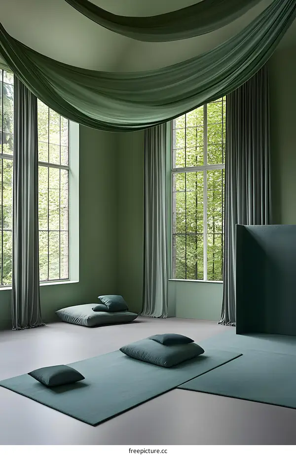 Modern Green Interior Design With Drapes And Pillows